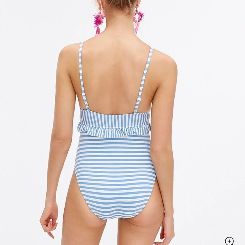 J.Crew plunging ruffle one piece striped Green Striped Swimsuit, size 4 - Picture 2 of 9